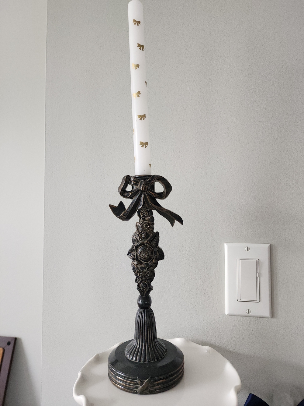 Ornate Baroque-style Black Floral Bow Taper Candlestick Holder
